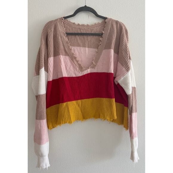 Fate Striped Distressed Raw Hem Low Back Sweater Large - Picture 2 of 8